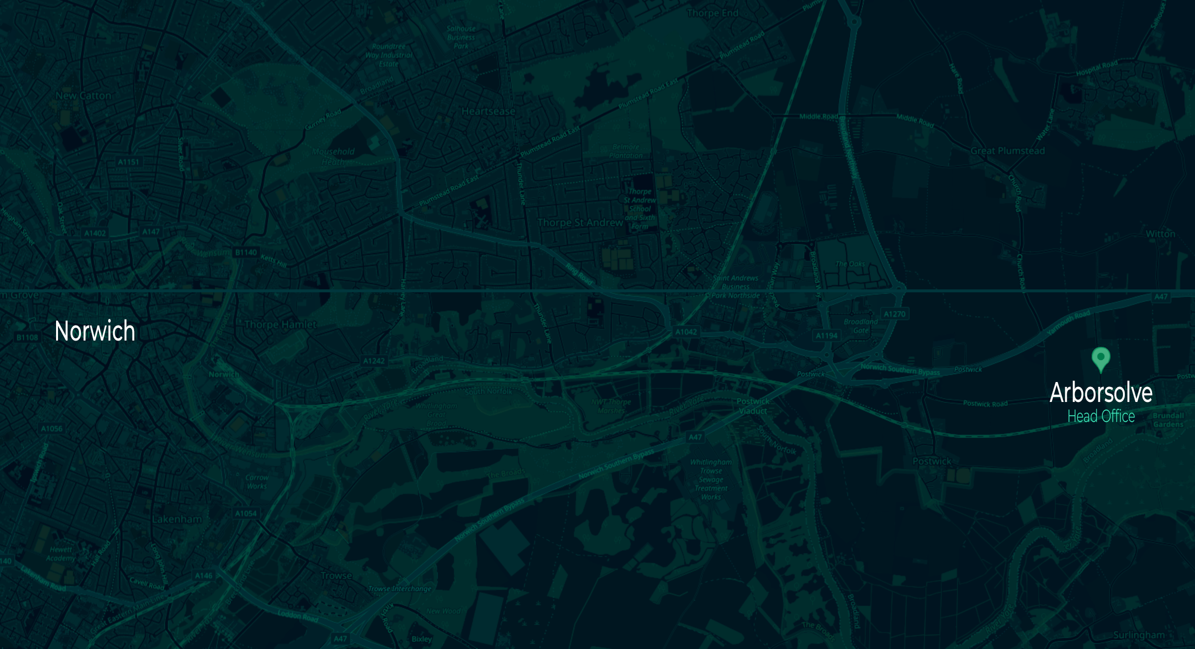 A map showing Arborsolve's HQ location in relation to Norwich